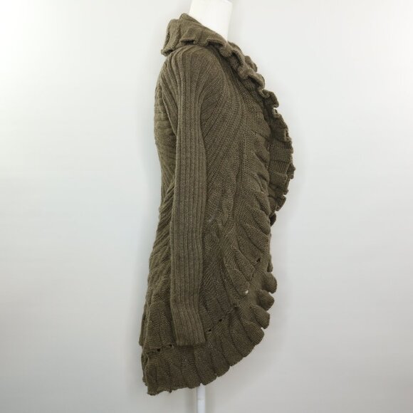 John Fashion Cardigan Sweater Open Front Draped Ruffles Knit Green Brown - Picture 6 of 11